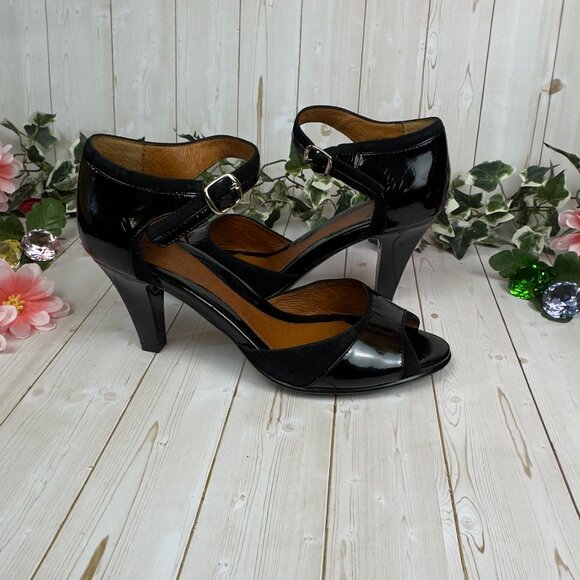 Söfft Black Patent Leather Peep Toe Ankle Strap Heels Size 6.5M - Picture 1 of 11